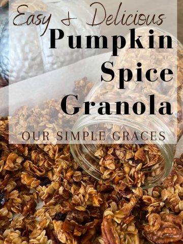 pumpkin spice granola on cookie tray with writing over image with name of the recipe
