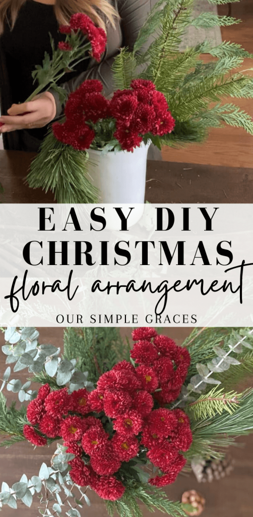 two images of easy diy christmas floral arrangement red mums and pine cypress and eucalyptus foliage in white vase on dining table