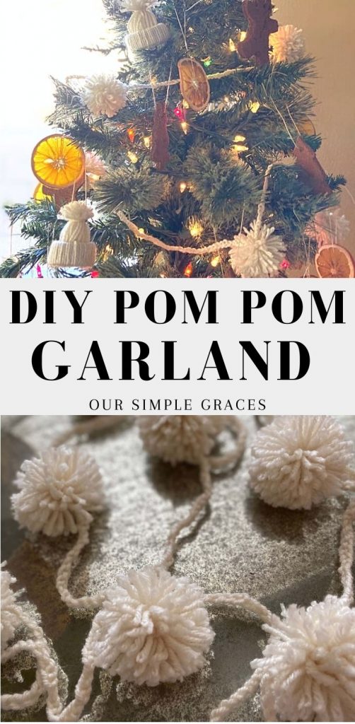 two images of diy pom pom garland with one image of close up pom poms on glass table and the other of garland strung on christmas tree filled with other ornaments and text written in between