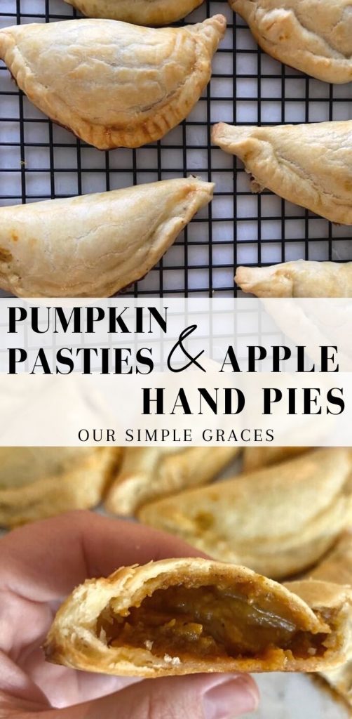 two images of pumpkin pasties and apple hand pies with one overhead on cooling rack and one close up with pasty sliced in half