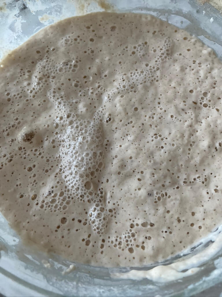 close up image of bubbly active sourdough starter