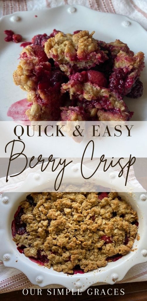 This quick and easy berry crisp is made with frozen mixed berries is so delicious and only takes minutes to prepare! Using frozen mixed berries, there is no washing or chopping, and mixes altogether in the same dish you bake it in! Make this easy Berry Crisp on a weeknight when you don't have a lot of time or serve for any celebration! 