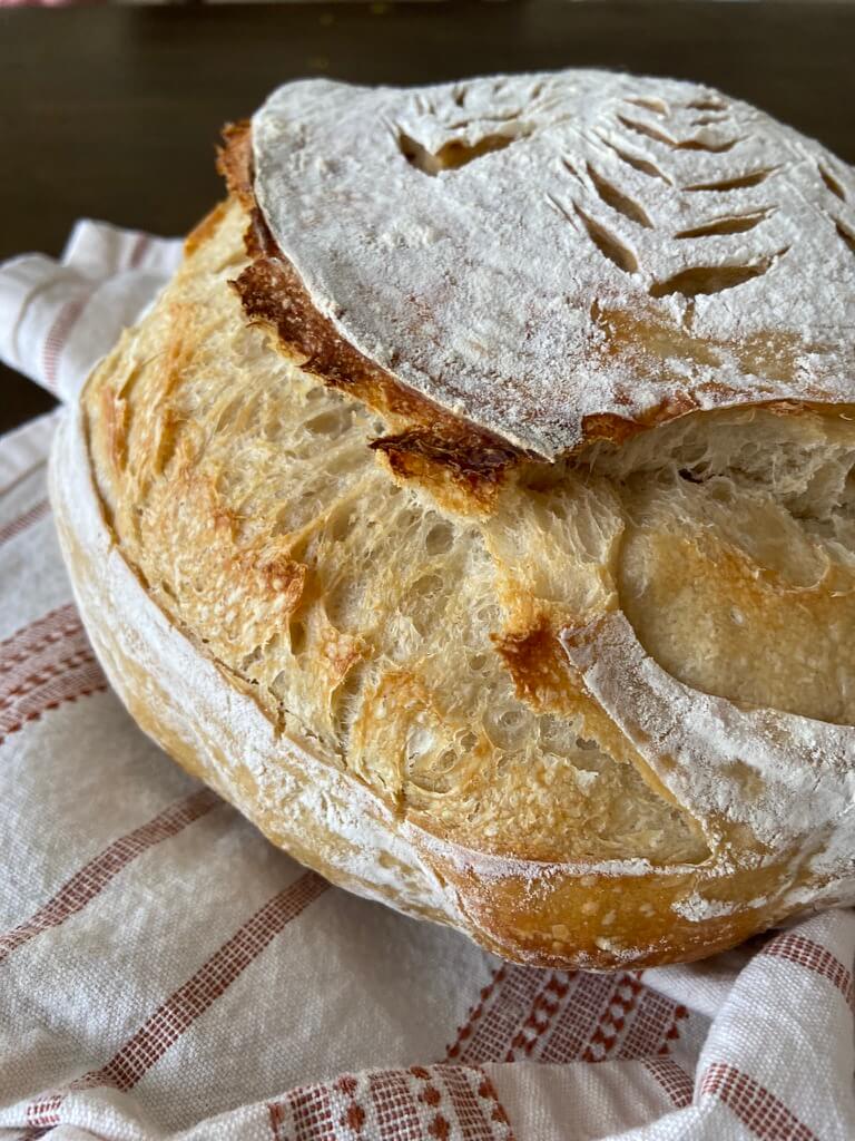close up of rustic sourdough bread recipe loaf