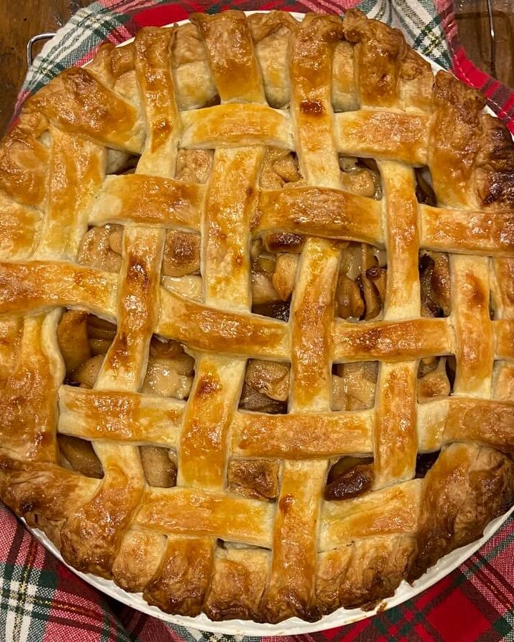 overhead image of from scratch apple pie with lattice top