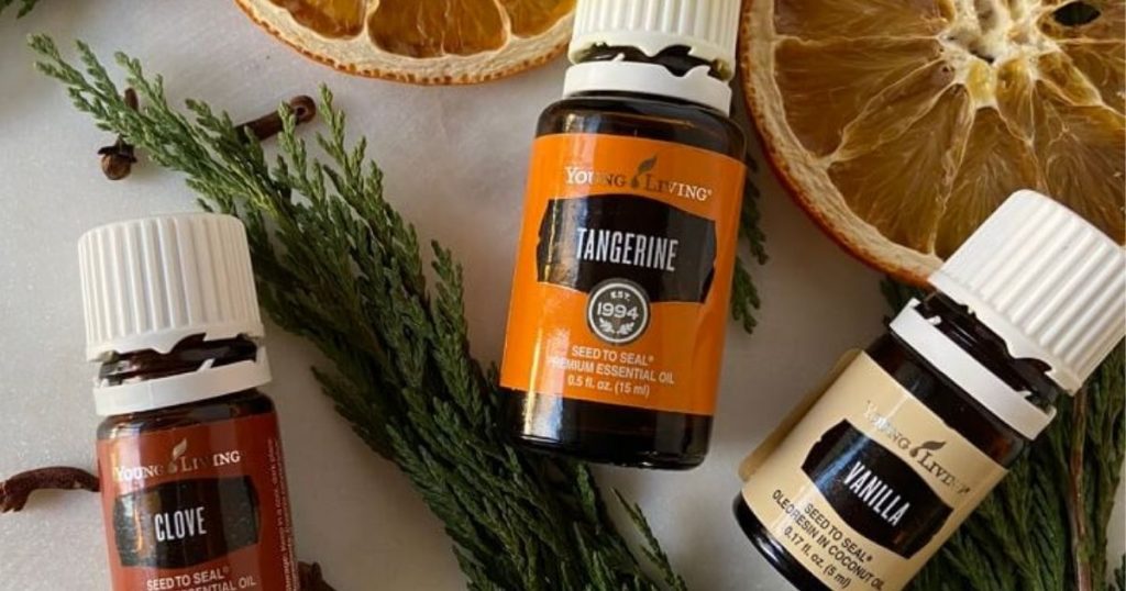 close up of tangerine, clove and vanilla essential oils by young living with cloves, oranges and cedar in background
