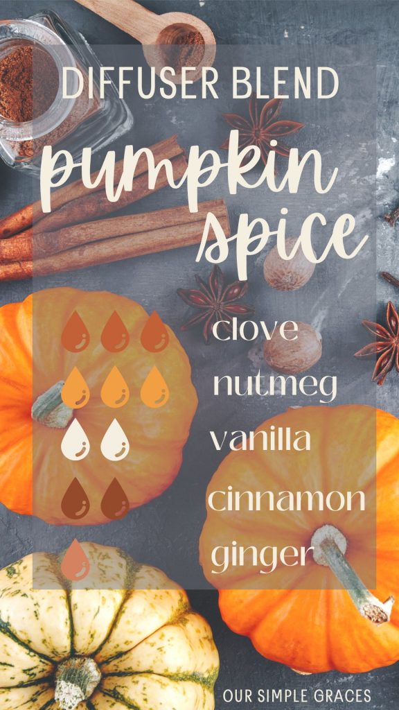 diffuser blend pumpkin spice with clove, nutmeg, vanilla, cinnamon, and ginger essential oil