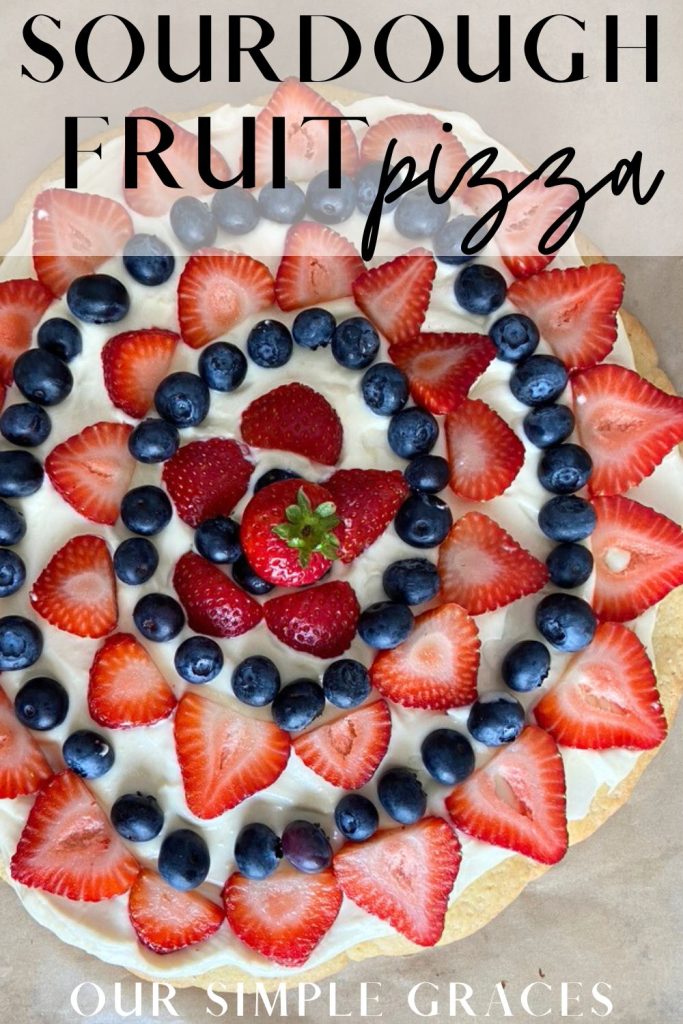 Sourdough fruit pizza is the perfect dessert for summer! A soft sourdough sugar cookie crust with a slightly sweetened cream cheese frosting and covered in delicious ripe berries on top! Every bite is perfectly delightful, you are going to love this recipe!