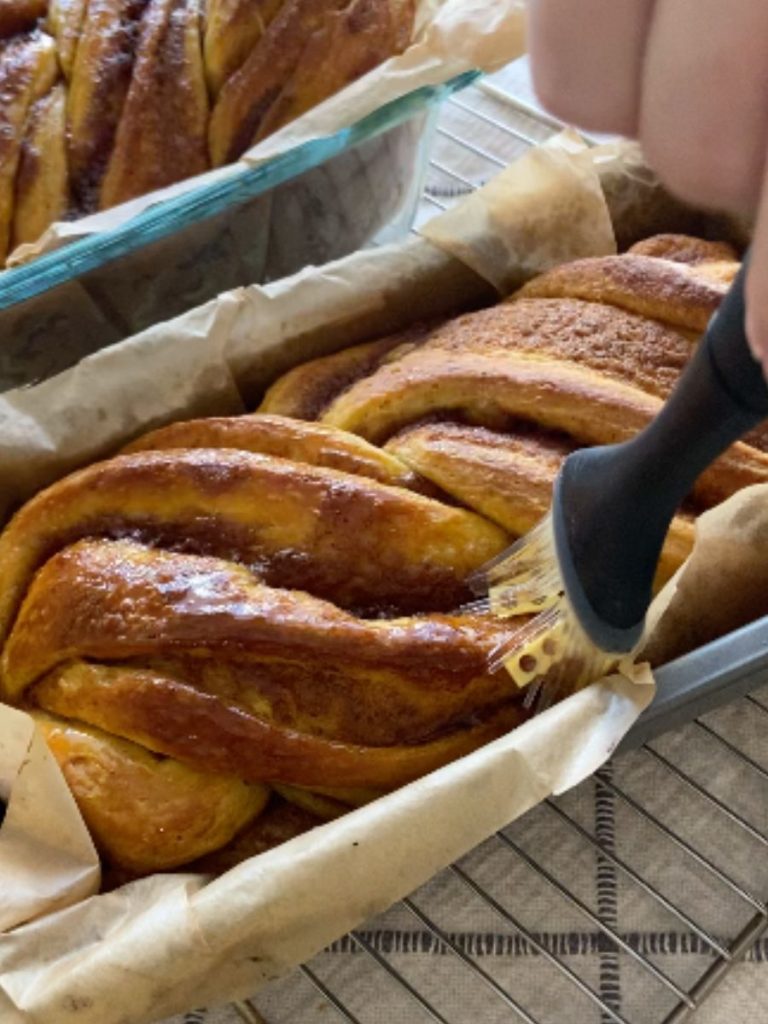 pastry brush on sourdough pumpkin babka recipe loaves
