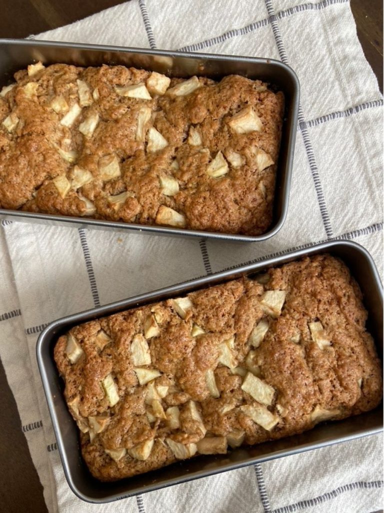 sourdough apple coffee cake in two loaf pans