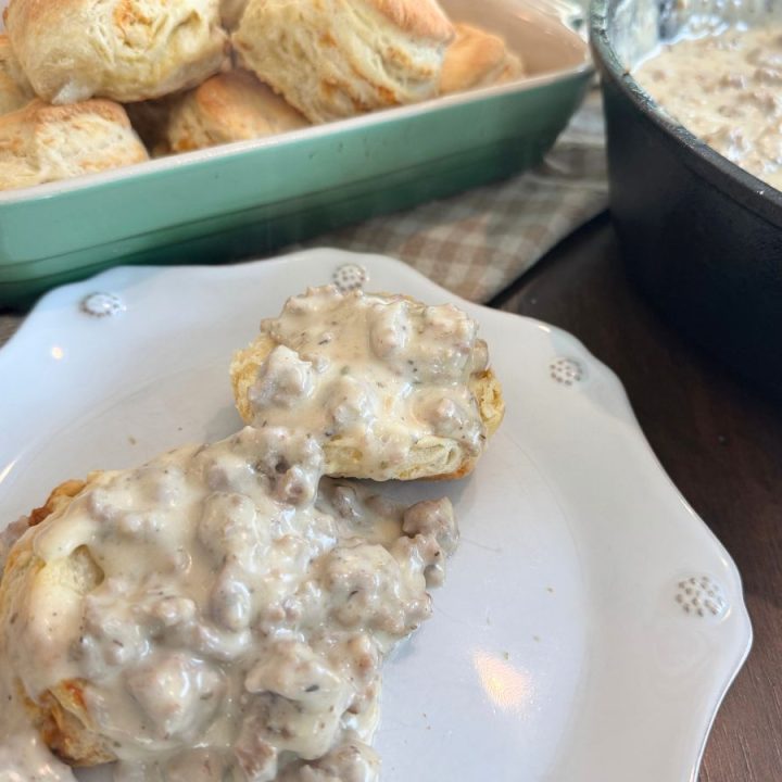 Sourdough Biscuits and Gravy are the most cozy, comfort food breakfast that is so quick and simple to bring together. The flakey, buttery sourdough biscuits paired with the perfectly seasoned sausage gravy makes the very best biscuits and gravy, a true crowd pleaser.