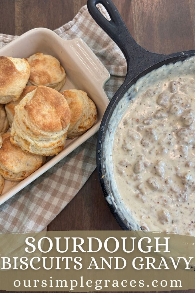 Sourdough Biscuits and Gravy are the most cozy, comfort food breakfast that is so quick and simple to bring together. The flakey, buttery sourdough biscuits paired with the perfectly seasoned sausage gravy makes the very best biscuits and gravy, a true crowd pleaser.